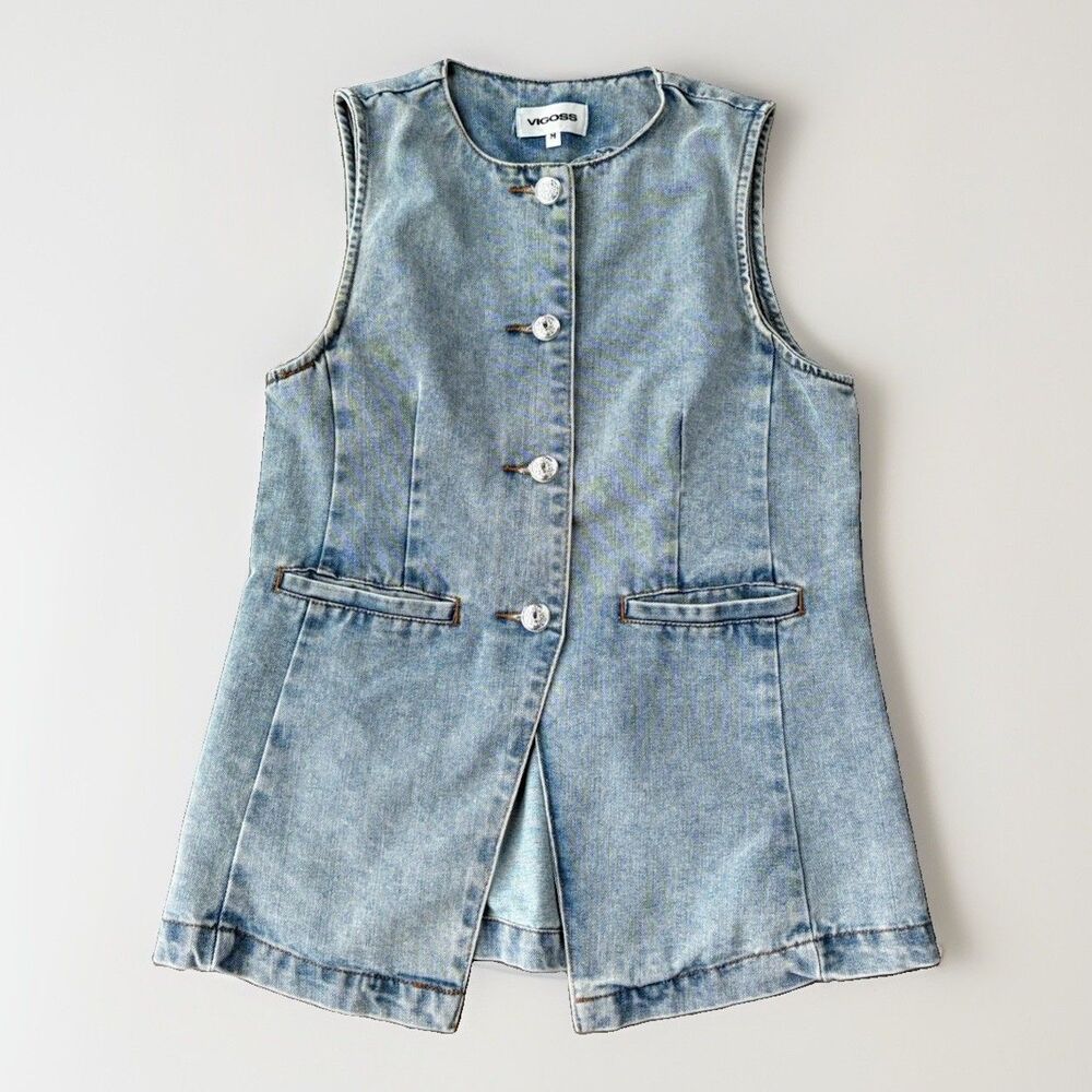 Vigoss Denim Vest Womens Size M Medium Light Wash Jean Longline Button Up Suit